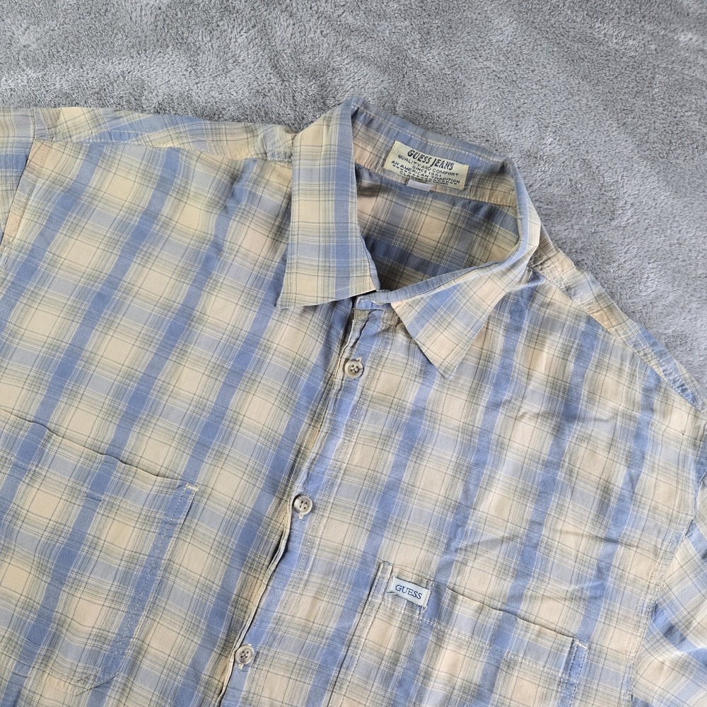 Guess Jeans Shirt Mens Large Tan Blue Plaid Workwear Office Classic Comfort